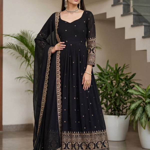 Lehenga Mart Designer Vichitra Silk Gown With Dupatta-Black - Distacart