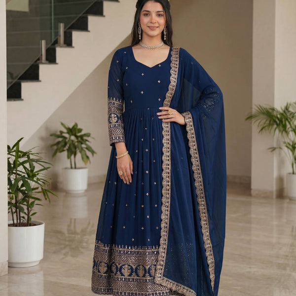 Lehenga Mart Designer Vichitra Silk Gown With Dupatta-Navy Blue - Distacart