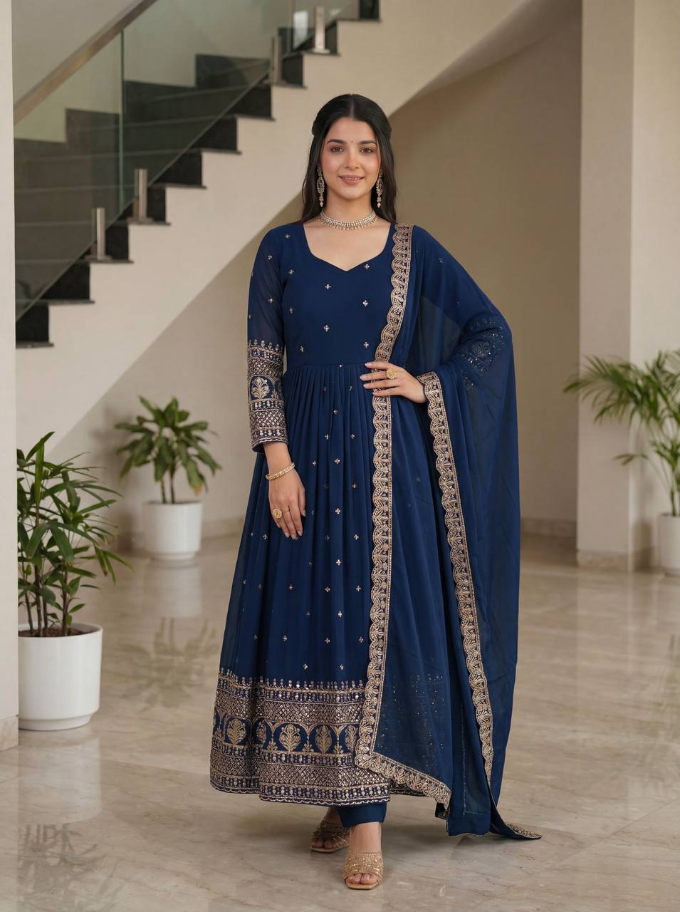 Lehenga Mart Designer Vichitra Silk Gown With Dupatta-Navy Blue