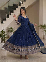 Thumbnail for Lehenga Mart Designer Vichitra Silk Gown With Dupatta-Navy Blue - Distacart