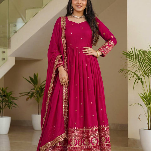 Lehenga Mart Designer Vichitra Silk Gown With Dupatta-Pink - Distacart