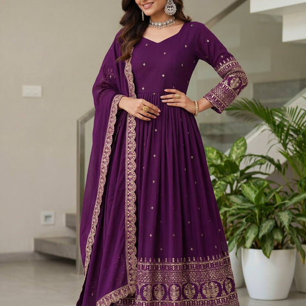 Lehenga Mart Designer Vichitra Silk Gown With Dupatta-Wine
