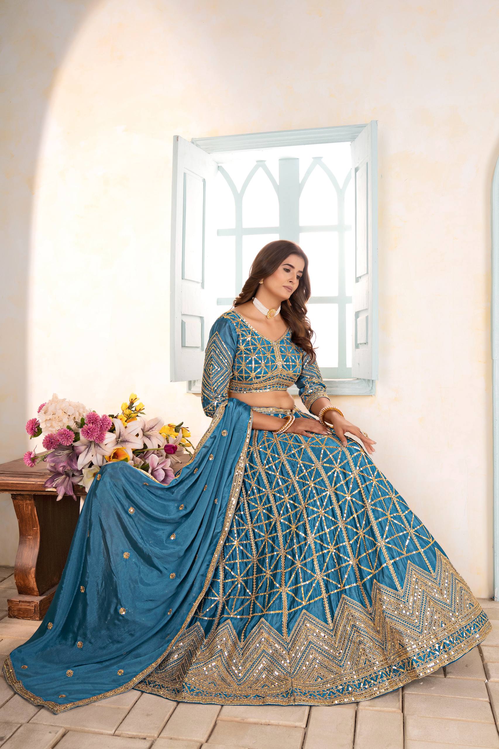 Lehenga Mart Designer Bollywood Style Wedding Wear Lehenga Choli - Sky Blue