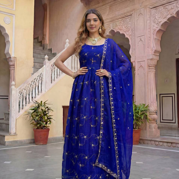 Lehenga Mart Designer Fandy Silk Gown With Dupatta-Royal Blue - Distacart