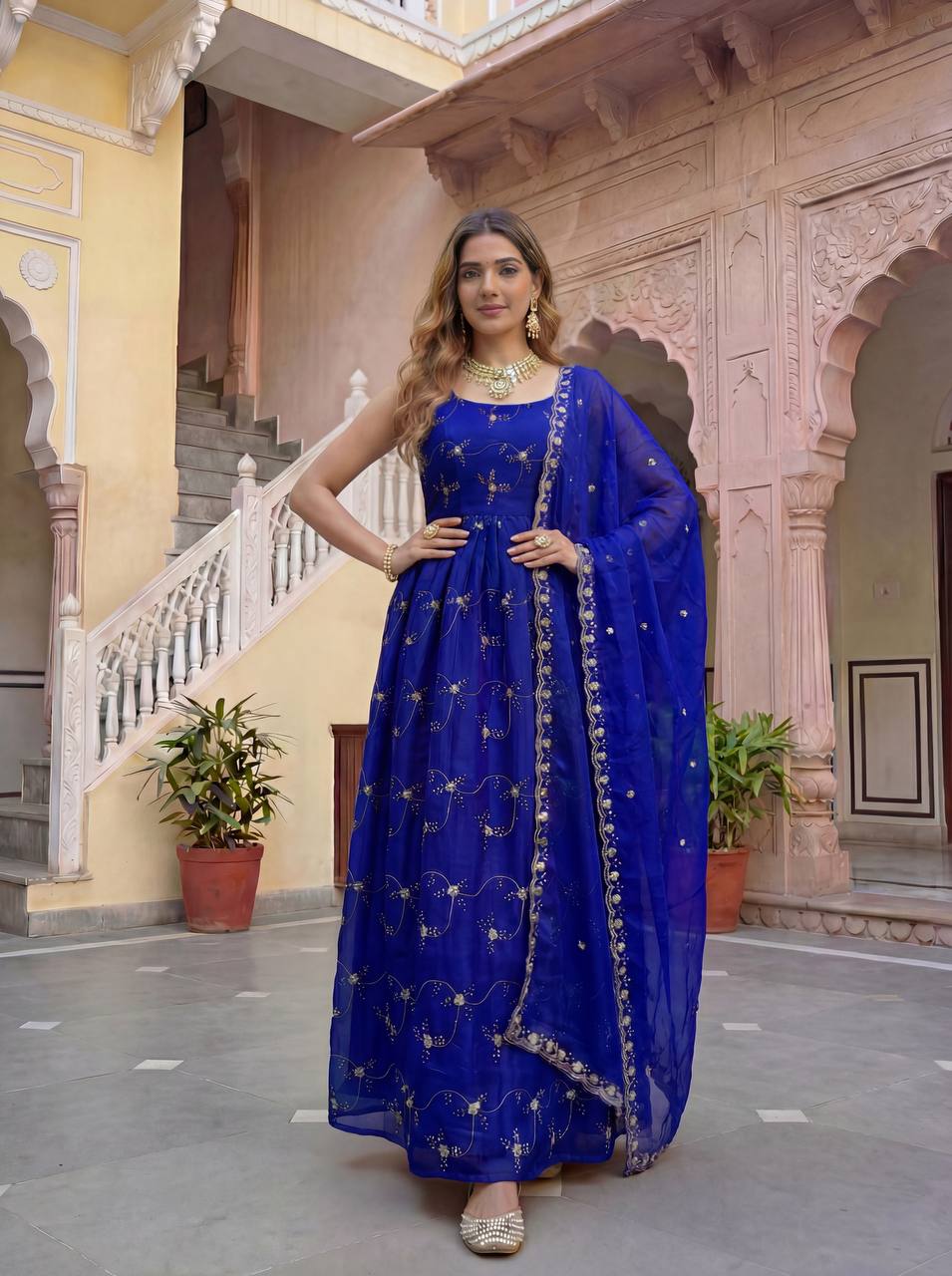 Lehenga Mart Designer Fandy Silk Gown With Dupatta-Royal Blue