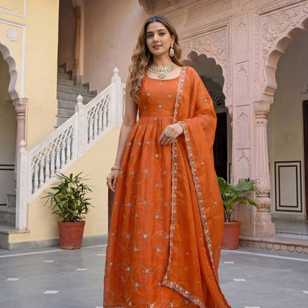 Lehenga Mart Designer Fandy Silk Gown With Dupatta-Rusty Orange