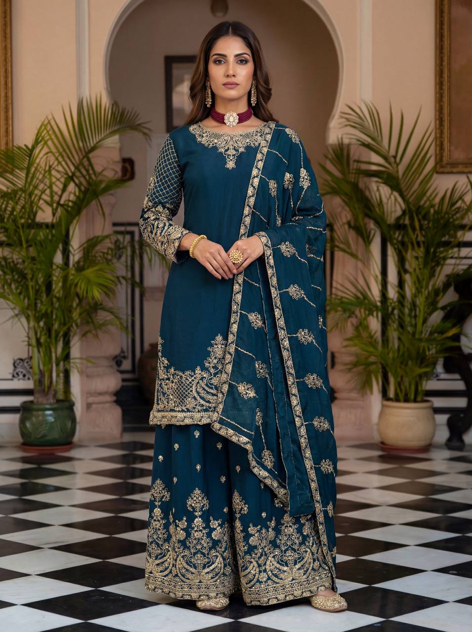 Lehenga Mart Designer Ready To Wear Salwar Suit Dupatta For Women-Teal Blue