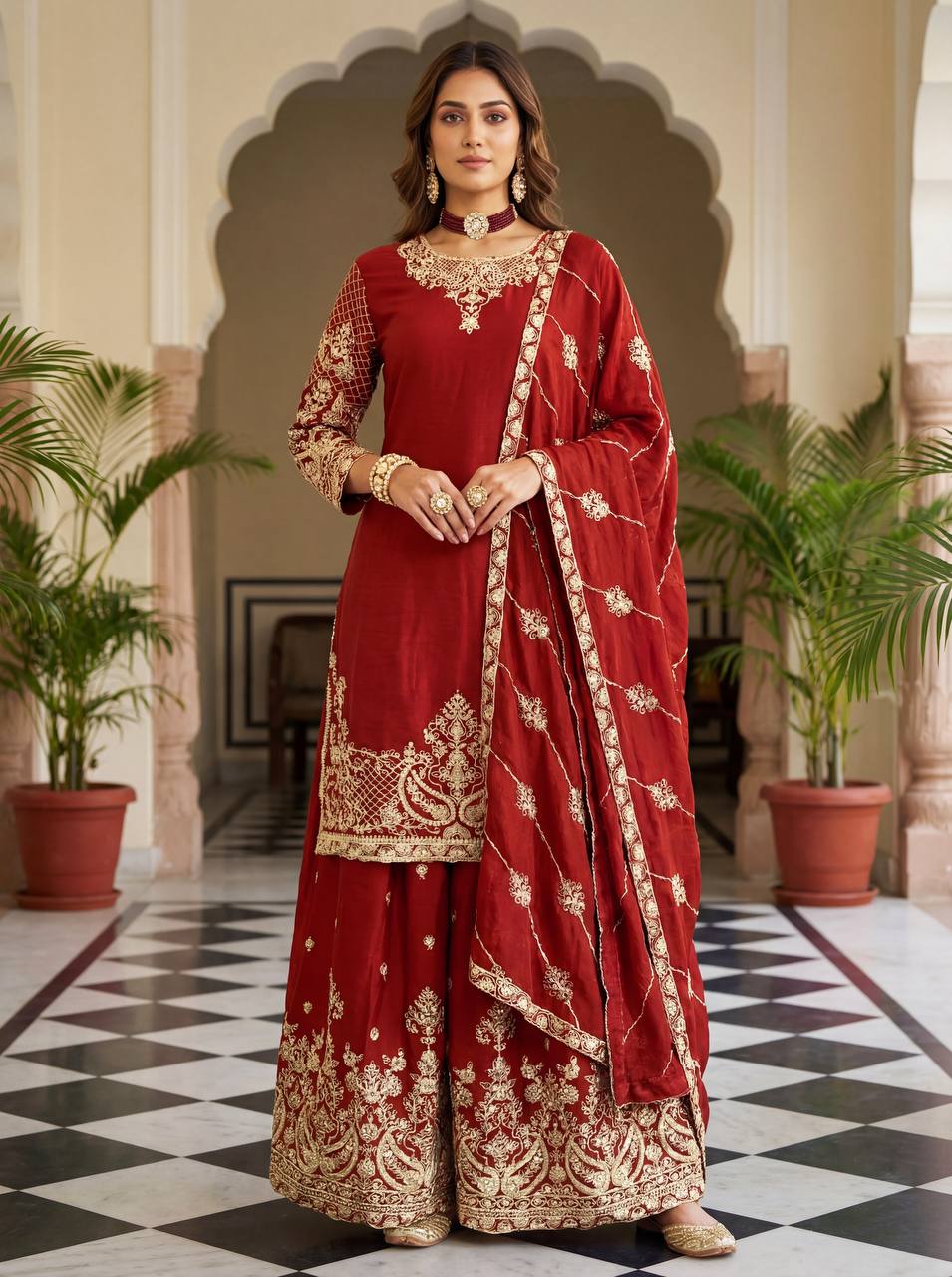 Lehenga Mart Designer Ready To Wear Salwar Suit Dupatta For Women-Red