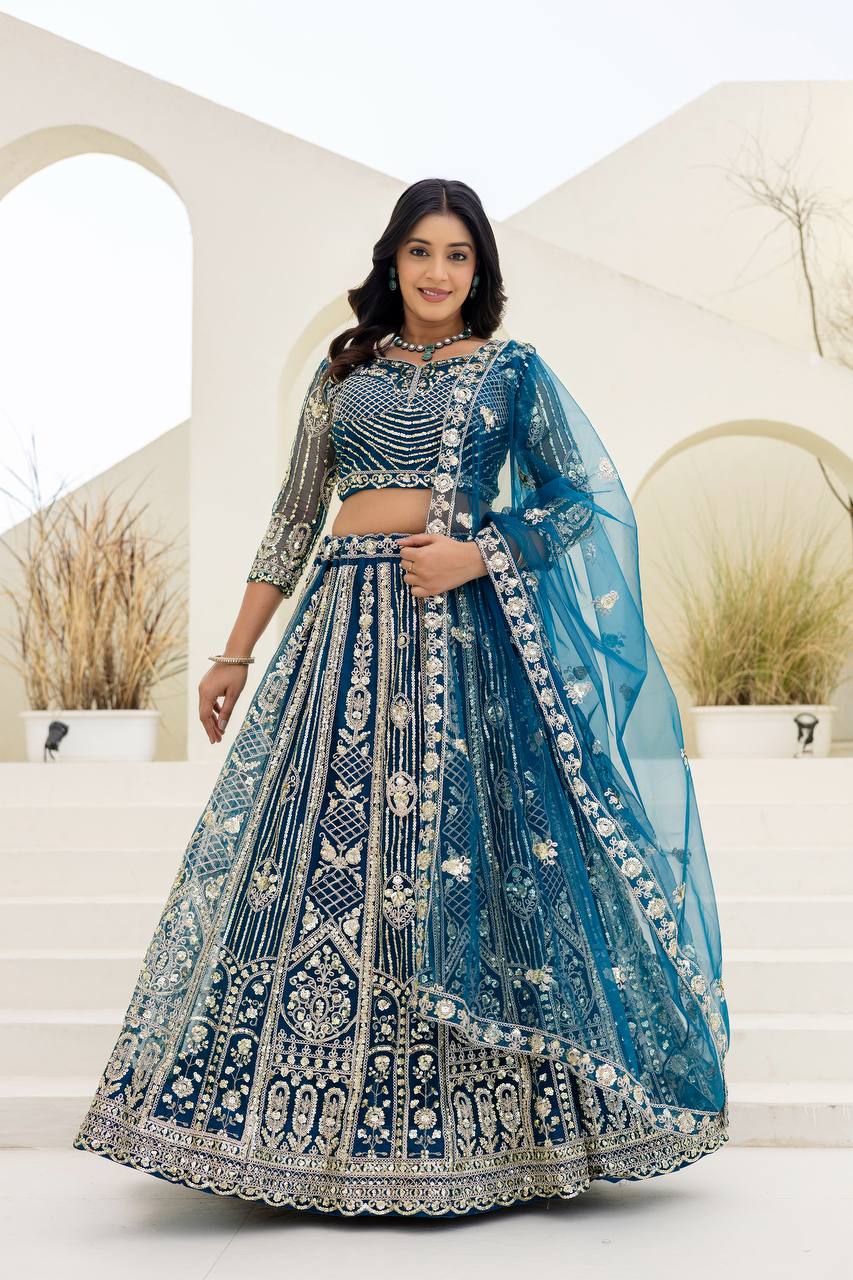 Lehenga Mart Net Lehenga With Cording Embroidery Work-Blue - Dista