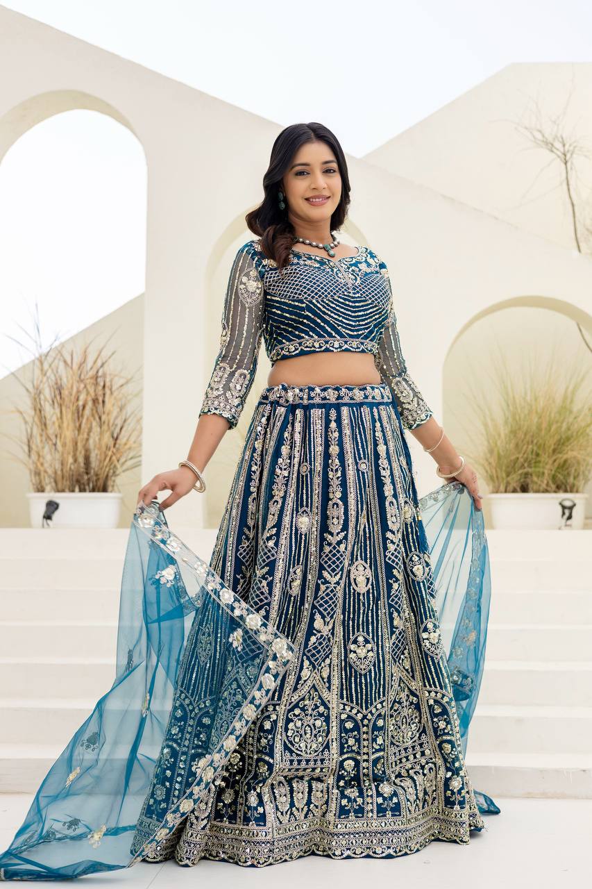 Lehenga Mart Net Lehenga With Cording Embroidery Work-Blue - Dista