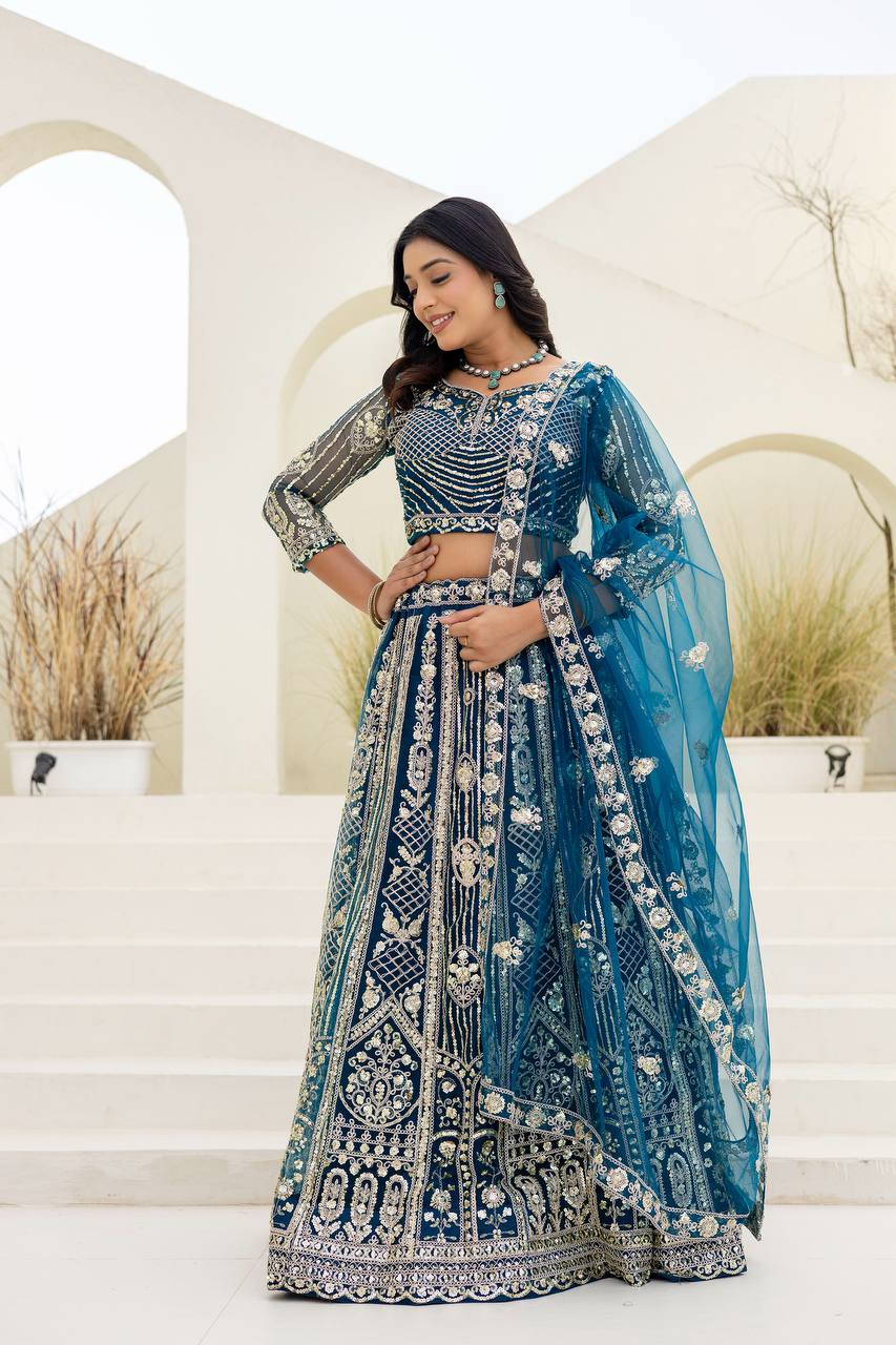 Lehenga Mart Net Lehenga With Cording Embroidery Work-Blue - Dista