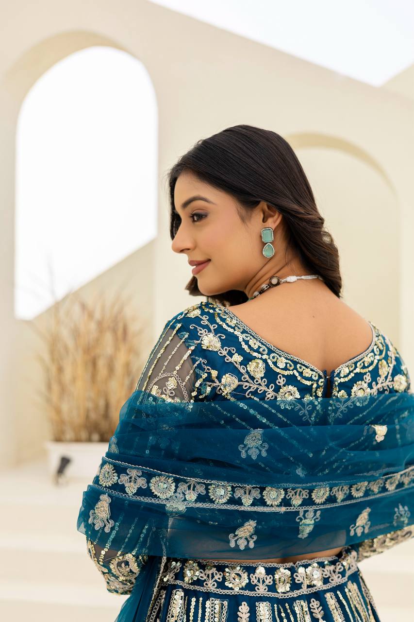 Lehenga Mart Net Lehenga With Cording Embroidery Work-Blue - Dista