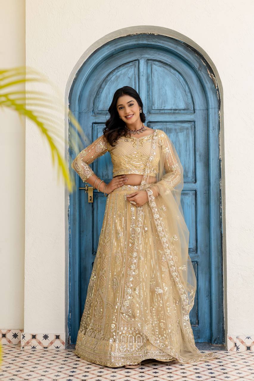 Lehenga Mart Net Lehenga With Cording Embroidery Work-Cream - Dista