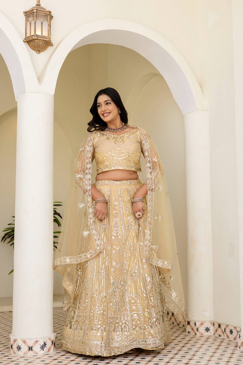 Lehenga Mart Net Lehenga With Cording Embroidery Work-Cream - Dista