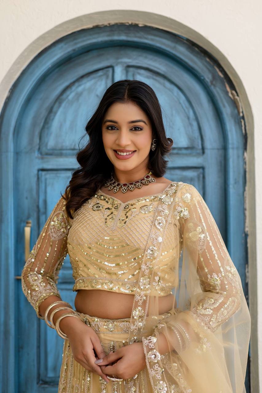 Lehenga Mart Net Lehenga With Cording Embroidery Work-Cream - Dista