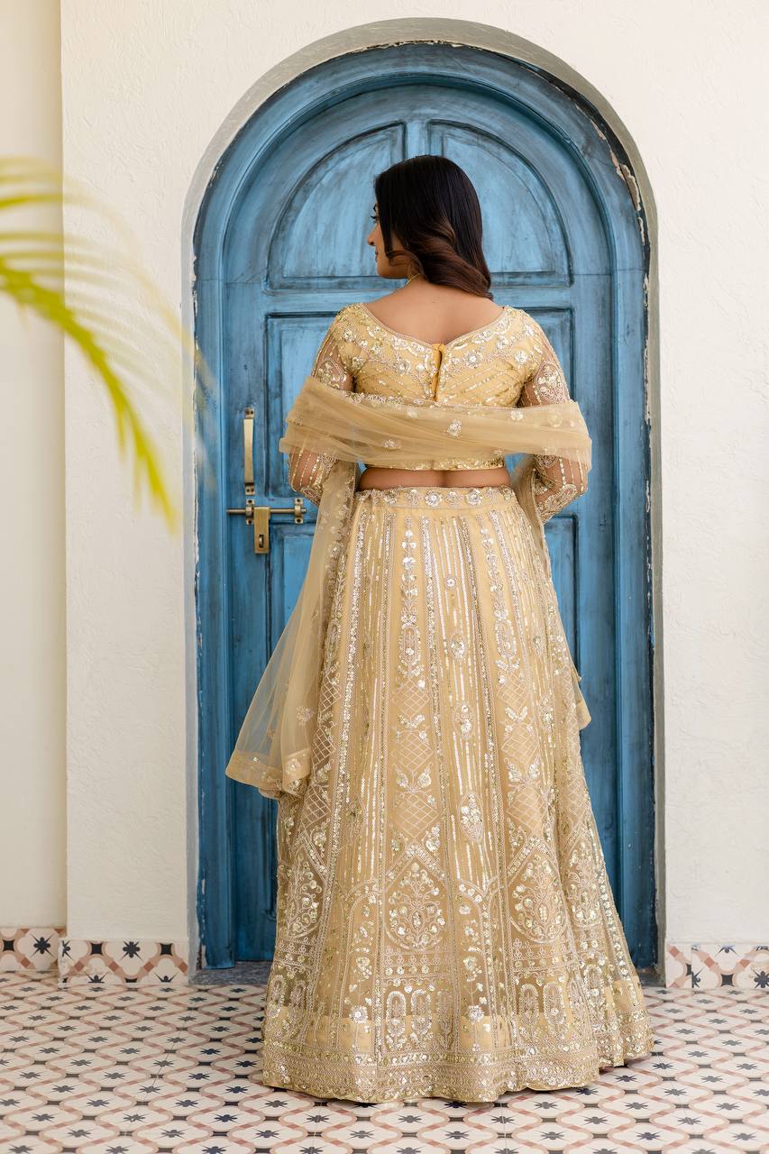 Lehenga Mart Net Lehenga With Cording Embroidery Work-Cream - Dista