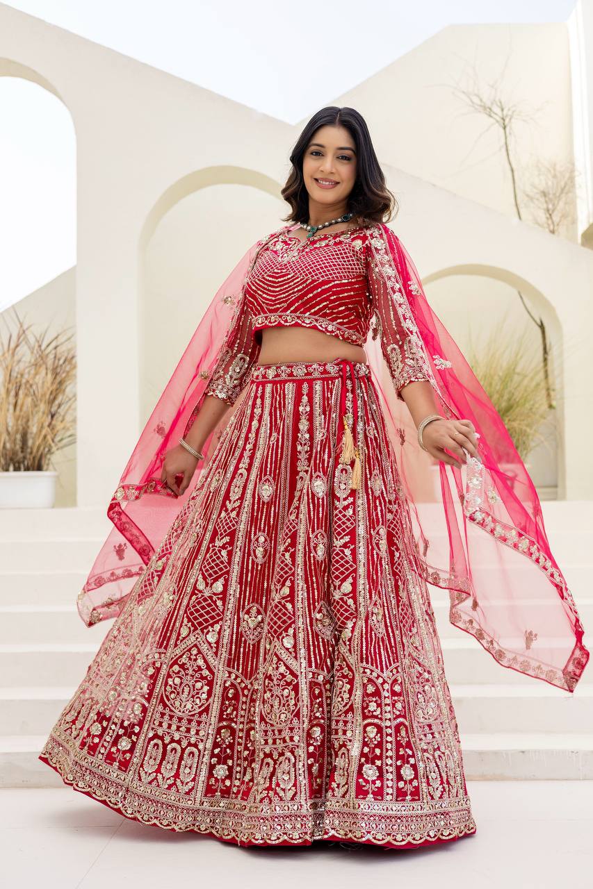Lehenga Mart Net Lehenga With Cording Embroidery Work-Pink - Dista
