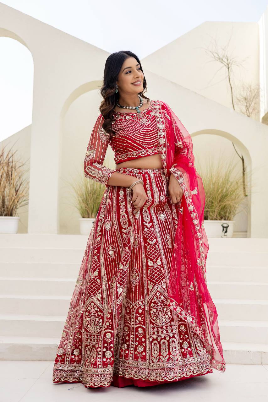 Lehenga Mart Net Lehenga With Cording Embroidery Work-Pink - Dista
