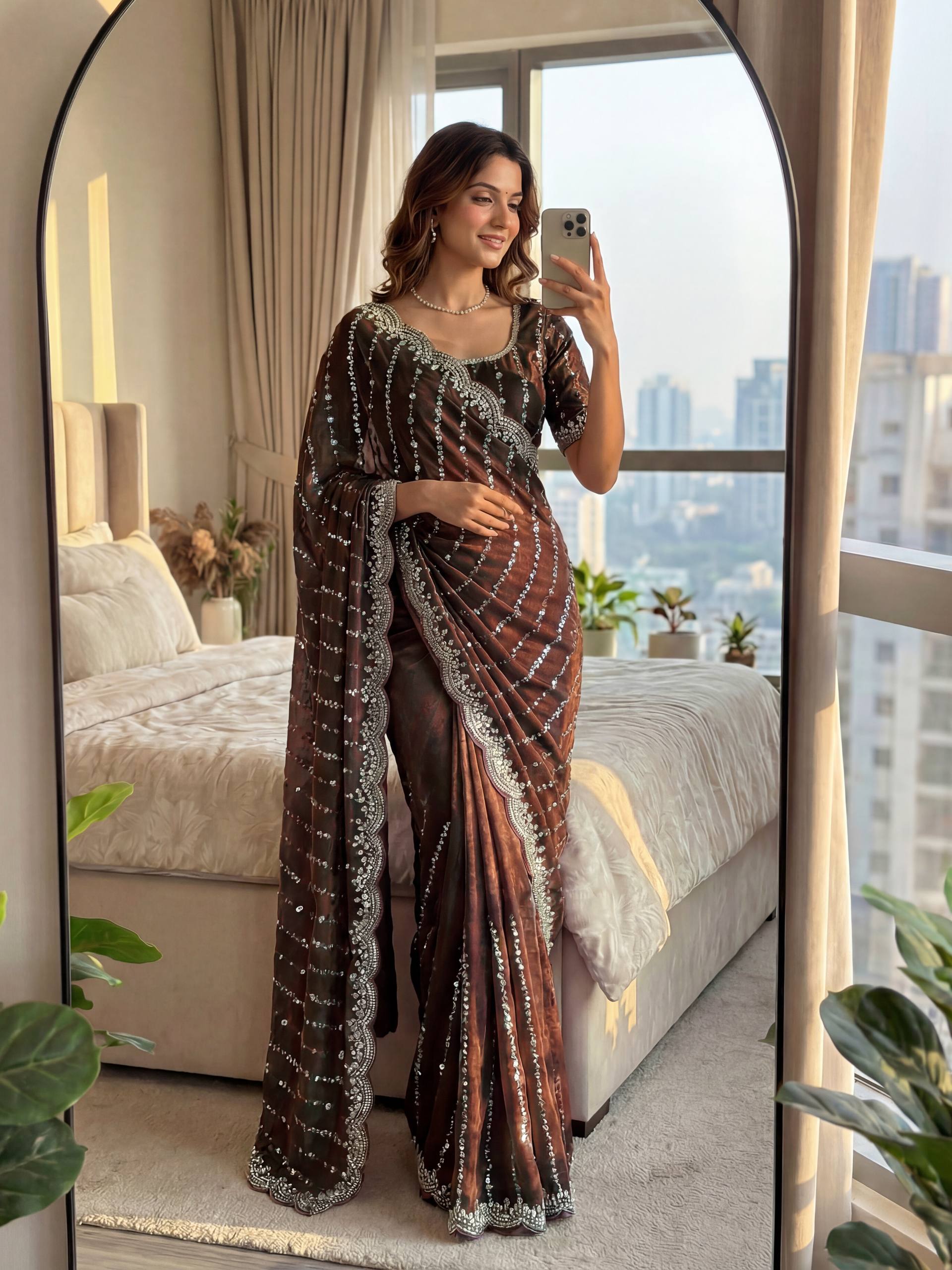 Lehenga Mart Designer Bollywood Style Party Wear Saree-Brown