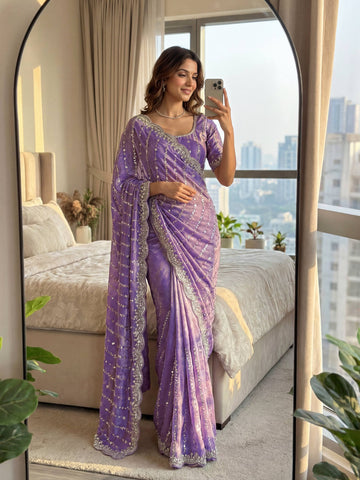 Lehenga Mart Designer Bollywood Style Party Wear Saree-Lavender - Dista