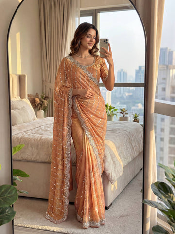 Lehenga Mart Designer Bollywood Style Party Wear Saree-Peach - Dista