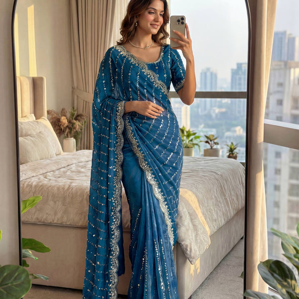 Lehenga Mart Designer Bollywood Style Party Wear Saree-Skyblue