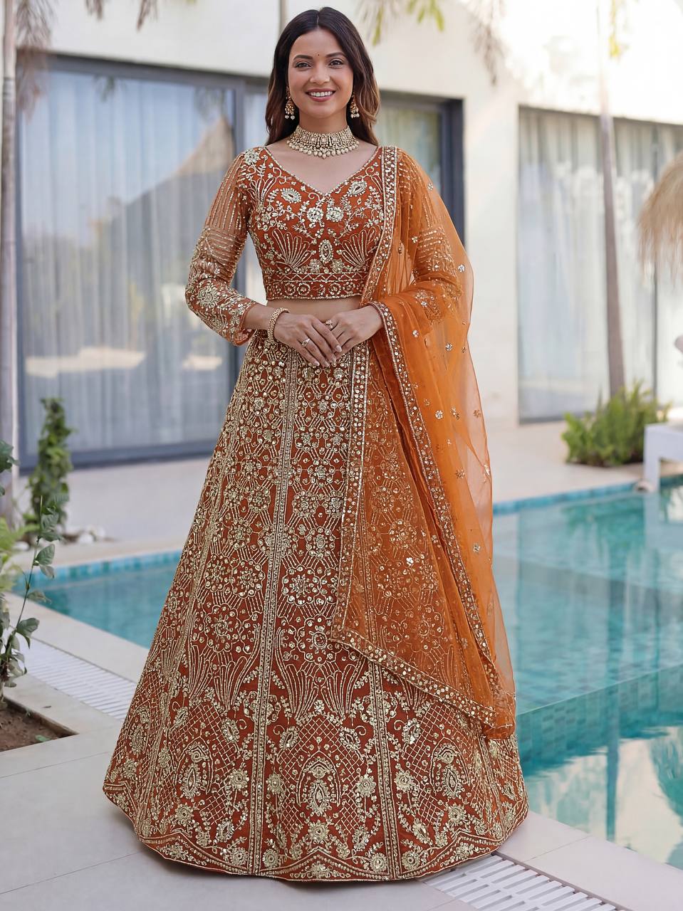 Lehenga Mart Designer Wedding Wear Lehenga Choli-Orange - Dista