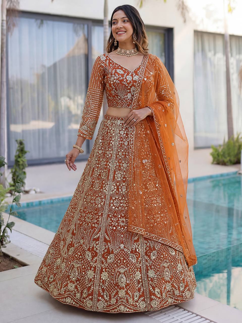 Lehenga Mart Designer Wedding Wear Lehenga Choli-Orange - Dista
