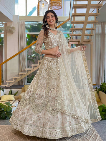 Lehenga Mart Net Lehenga With Cording Embroidery Work-Off White - Dista