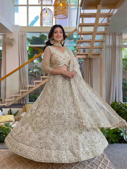 Lehenga Mart Net Lehenga With Cording Embroidery Work-Off White - Dista