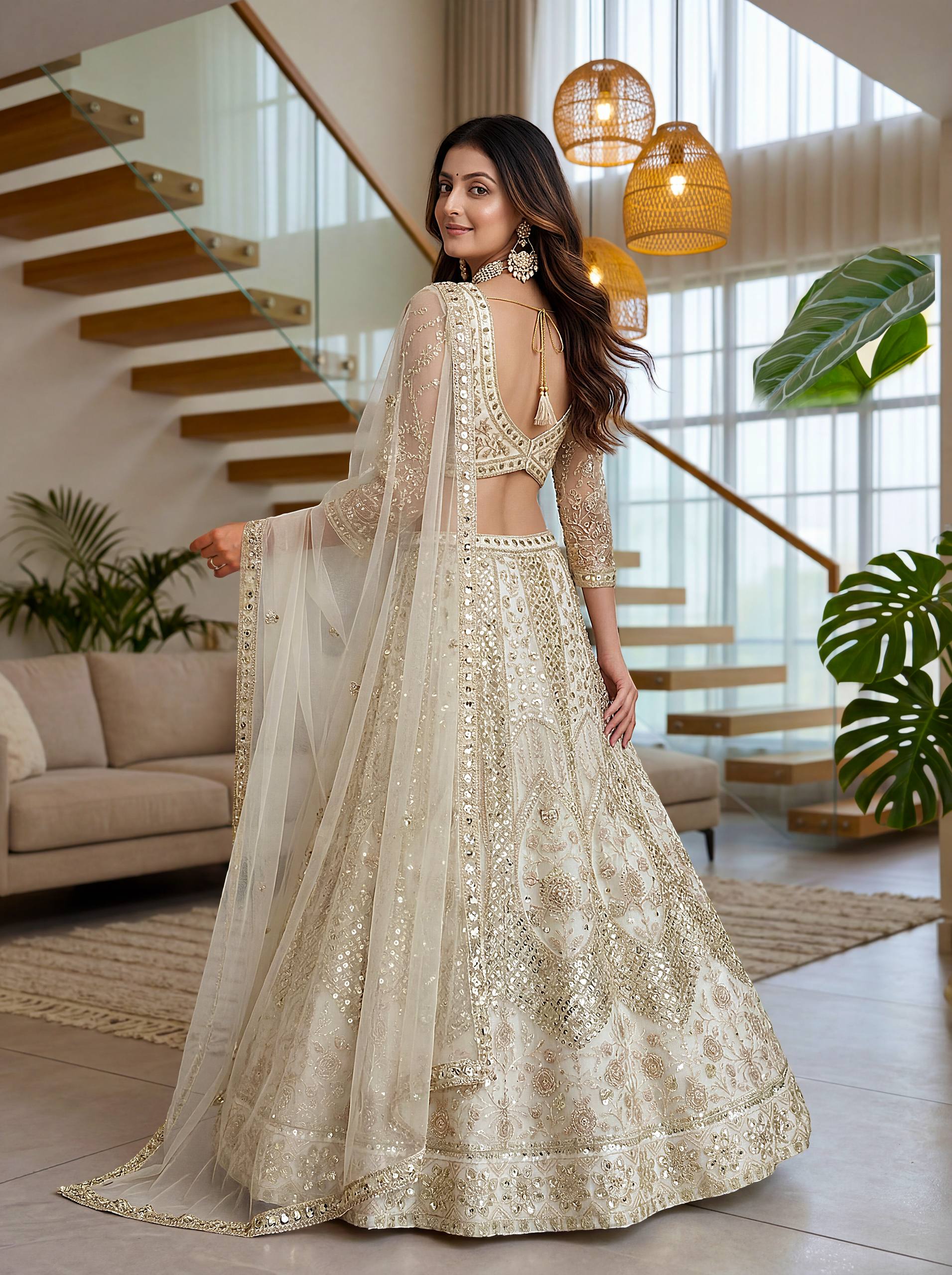 Lehenga Mart Net Lehenga With Cording Embroidery Work-Off White - Dista
