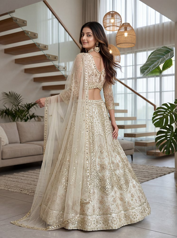 Lehenga Mart Net Lehenga With Cording Embroidery Work-Off White - Dista