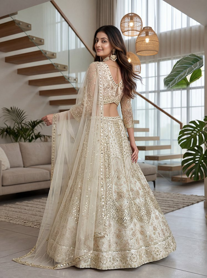 Lehenga Mart Net Lehenga With Cording Embroidery Work-Off White - Dista
