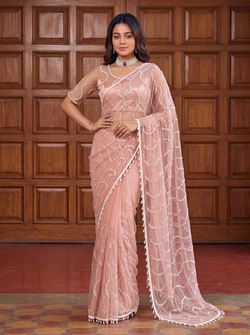 Lehenga Mart Designer Bollywood Style Party Wear Saree-Peach - Dista