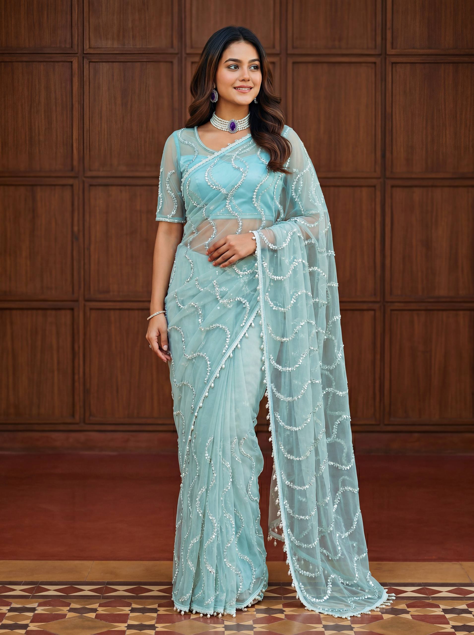 Lehenga Mart Designer Bollywood Style Party Wear Saree-Sky Blue - Dista