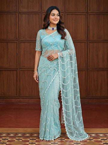 Lehenga Mart Designer Bollywood Style Party Wear Saree-Sky Blue - Dista