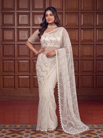 Lehenga Mart Designer Bollywood Style Party Wear Saree-White - Dista