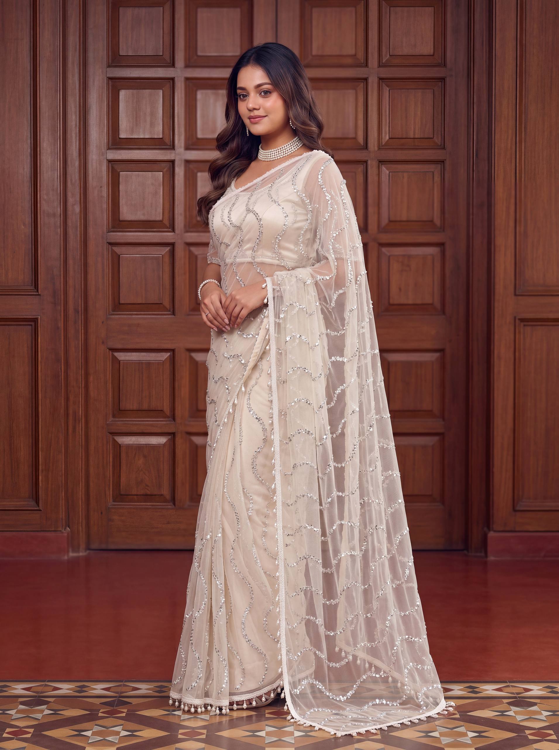 Lehenga Mart Designer Bollywood Style Party Wear Saree-White - Dista