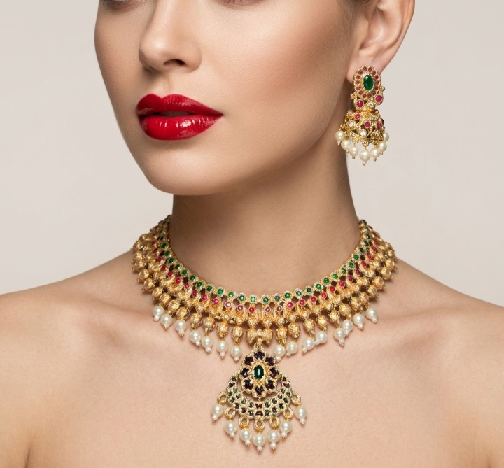 Jewel City Gold Plated South Indian Temple Traditional Indian Jewelry Set Bollywood Style Bridal Wedding Choker Set Festive Wear - Dista