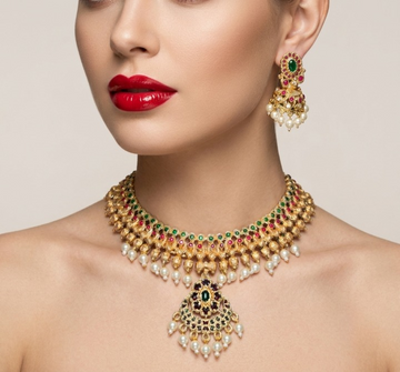 Jewel City Gold Plated South Indian Temple Traditional Indian Jewelry Set Bollywood Style Bridal Wedding Choker Set Festive Wear - Dista