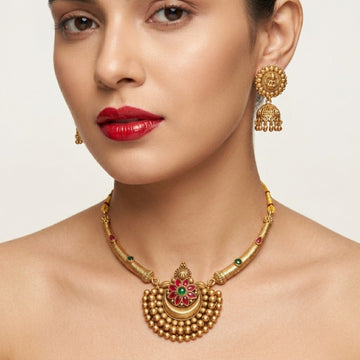 Jewel City Antique Gold Plated Temple Jewelry Set - Traditional Indian Necklace with Jhumka Earrings for Bridal Wedding & Festival - Dista