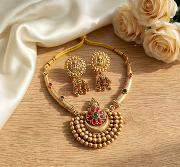 Jewel City Antique Gold Plated Temple Jewelry Set - Traditional Indian Necklace with Jhumka Earrings for Bridal Wedding & Festival - Dista