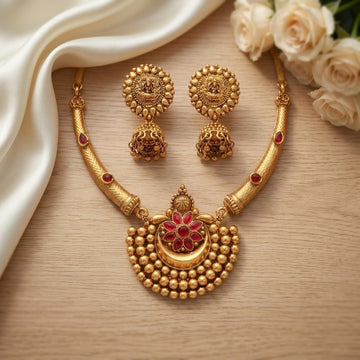 Jewel City Antique Gold Plated Temple Jewelry Set - Traditional Indian Necklace with Jhumka Earrings for Bridal Wedding & Festival - Dista