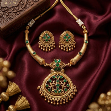 Jewel City Antique Gold Plated Matte Indian Necklace Set with Green Stones | Traditional Bollywood Wedding Jewelry with Earrings - Dista