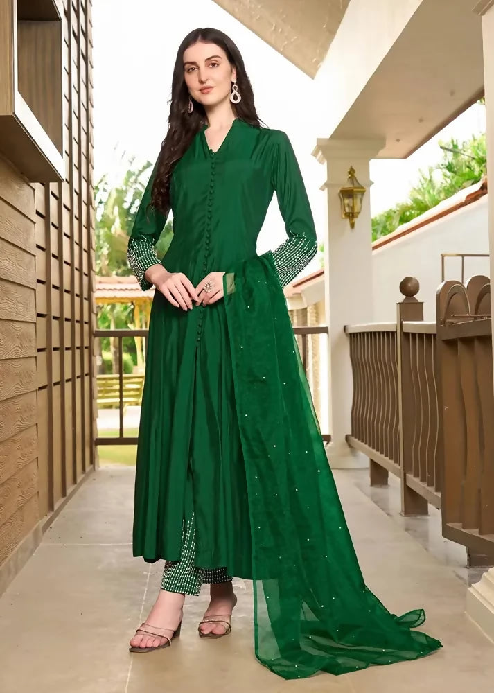 Nikhaar Green Embroidered Art Silk Anarkali Readymade Pakistani Suit