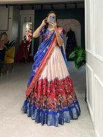 Thumbnail for Vastranavya Kalamkari Print With Weaving Border Lehenga with Unstitched Blouse - Red - Distacart