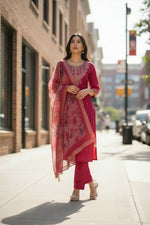 Thumbnail for The52 Women's Beautiful Chanderi Silk Fabric Embroidery Work Straight Kurta Pant and Dupatta Set - Distacart