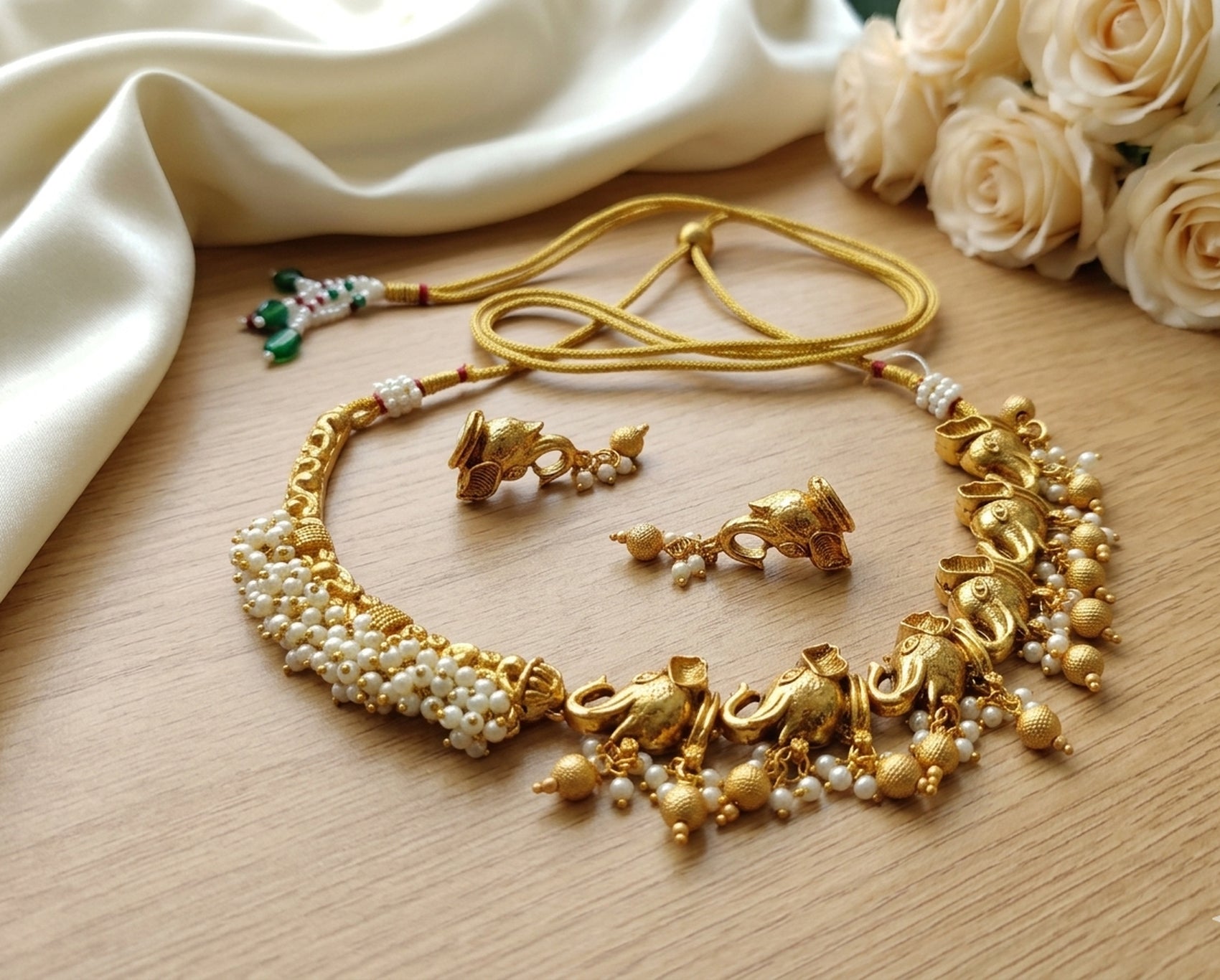 Jewel City Antique Gold South Indian Elephant Temple Choker Necklace Set with Pearls | Traditional Ethnic Bridal Fashion Jewelry - Dista