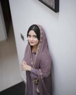 Thumbnail for Divine Drape Women's Georgette Embroidered Straight Kurta Pant With Dupatta - Purple