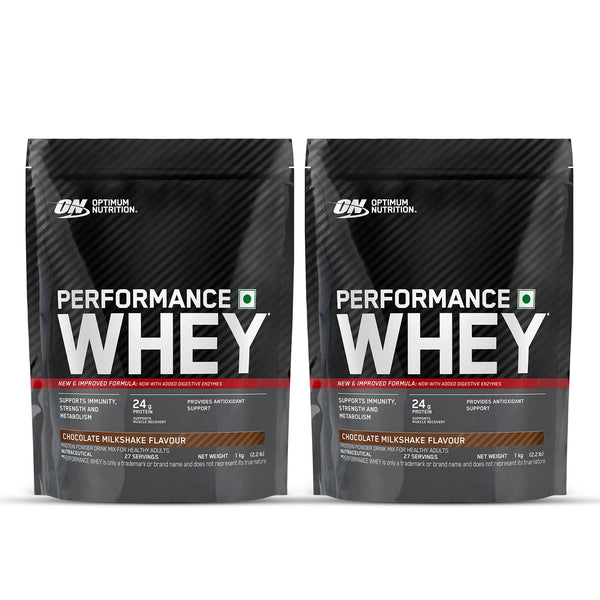 Optimum Nutrition Performance Whey Protein Powder (Chocolate Milkshake)-1 kg(Pack of 2)